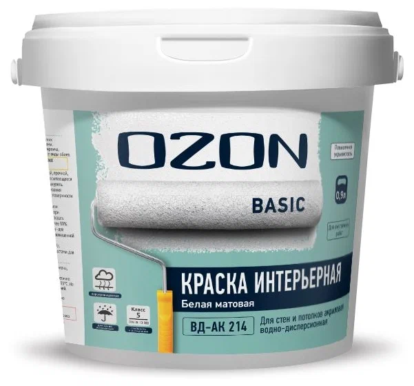 Краска для стен и потолков акриловая OZON Basic ВД-АК-214СМ-1,3 С (бесцветная)  морозостойкая